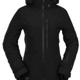 Volcom Women's 3D Stretch GORE-TEX Jacket 2022 - A black jacket with a hood, featuring a zipper down the front and two zippered pockets on either side.