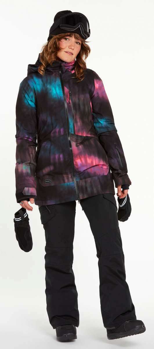 Volcom Women's 3D Stretch GORE-TEX Jacket - A black jacket with a pink and blue tie-dye pattern on the front, featuring a hood and zippered pockets.