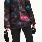 Volcom Women's 3D Stretch GORE-TEX Jacket - A black jacket with a pink and blue tie-dye pattern on the front, featuring a hood and zippered pockets.