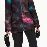 Volcom Women's 3D Stretch GORE-TEX Jacket - A black jacket with a pink and blue tie-dye pattern on the front, featuring a hood and zippered pockets.
