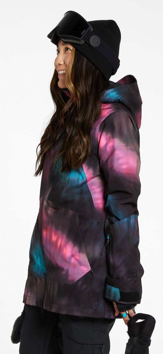 Volcom Women's 3D Stretch GORE-TEX Jacket - A black jacket with a pink and blue tie-dye pattern on the front, back, and sleeves.