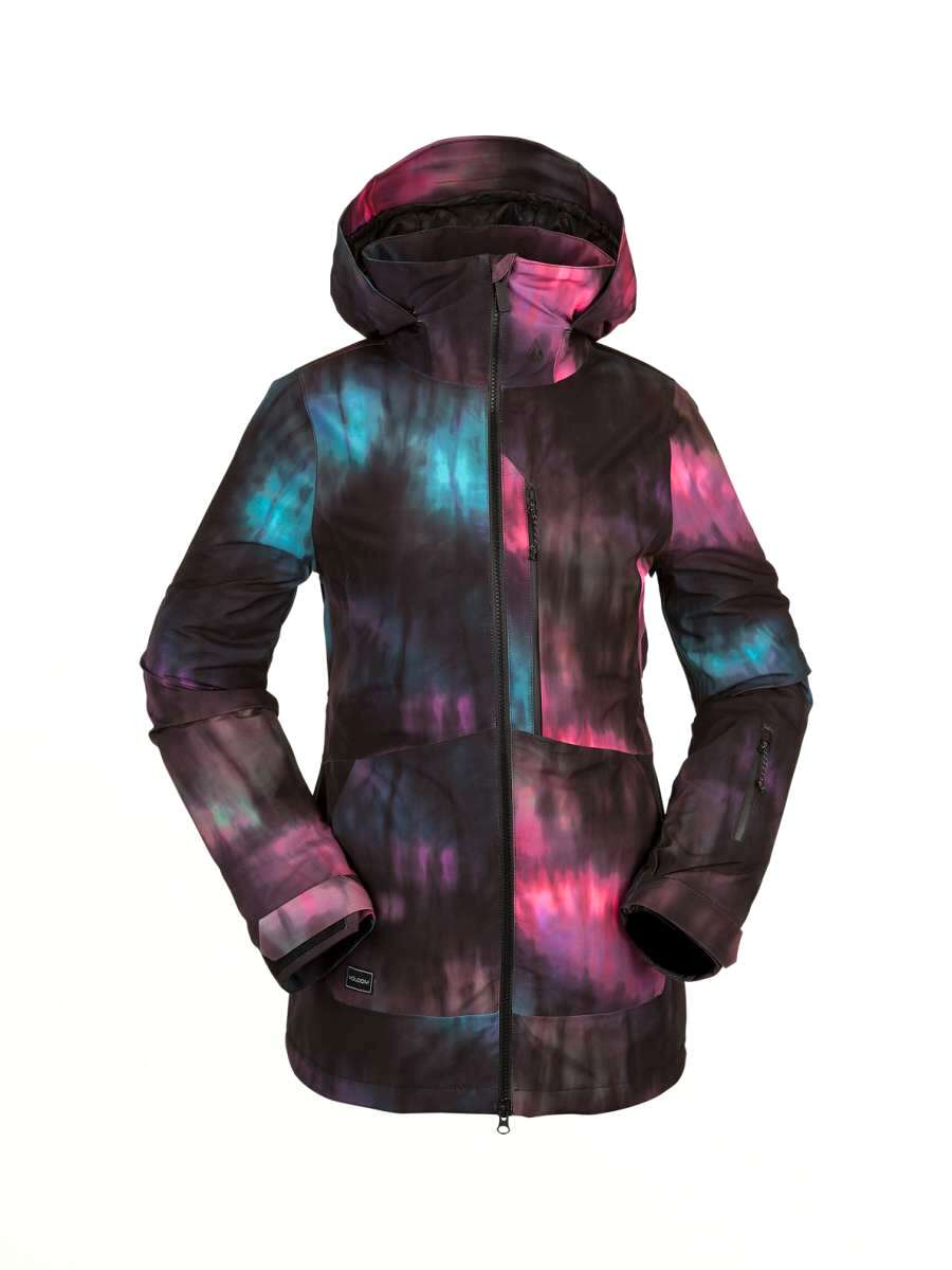 Volcom Women's 3D Stretch GORE-TEX Jacket - A black jacket with a tie-dye pattern of pink and blue hues.