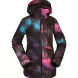 Volcom Women's 3D Stretch GORE-TEX Jacket - A black jacket with a tie-dye pattern of pink and blue hues.
