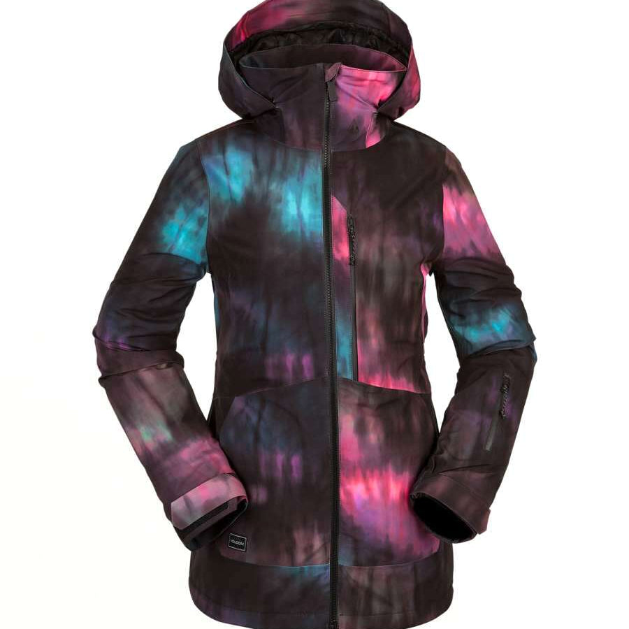 Volcom Women's 3D Stretch GORE-TEX Jacket - A black jacket with a tie-dye pattern of pink and blue hues.