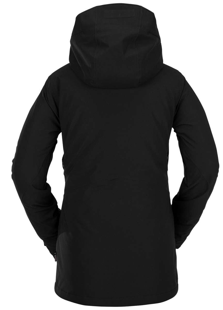 Volcom Women's 3D Stretch GORE-TEX Jacket 2022 - A black jacket with a hood, featuring a zippered front and two side pockets.