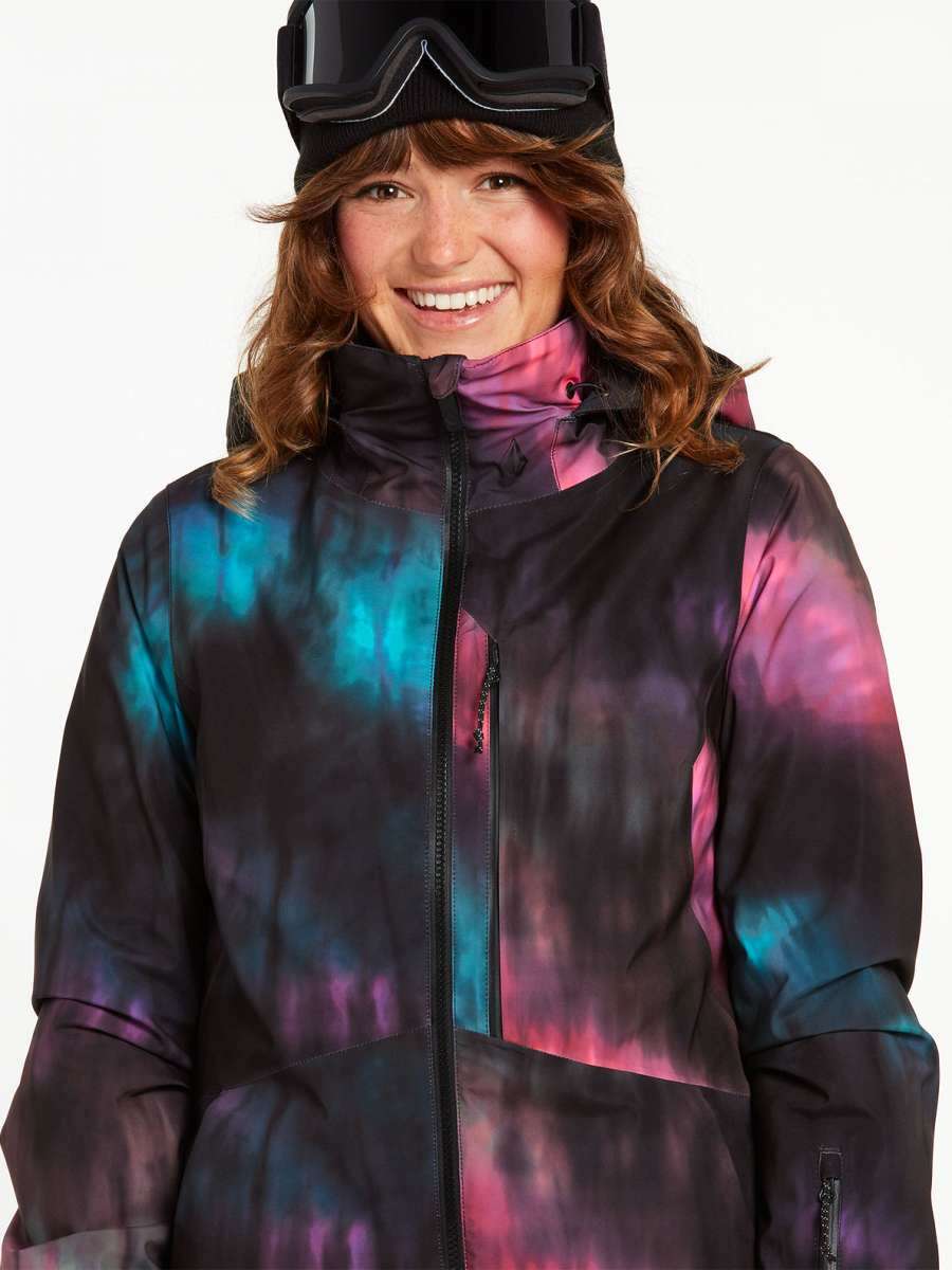 Volcom Women's 3D Stretch GORE-TEX Jacket - A black jacket with a subtle tie-dye pattern in shades of blue and pink.