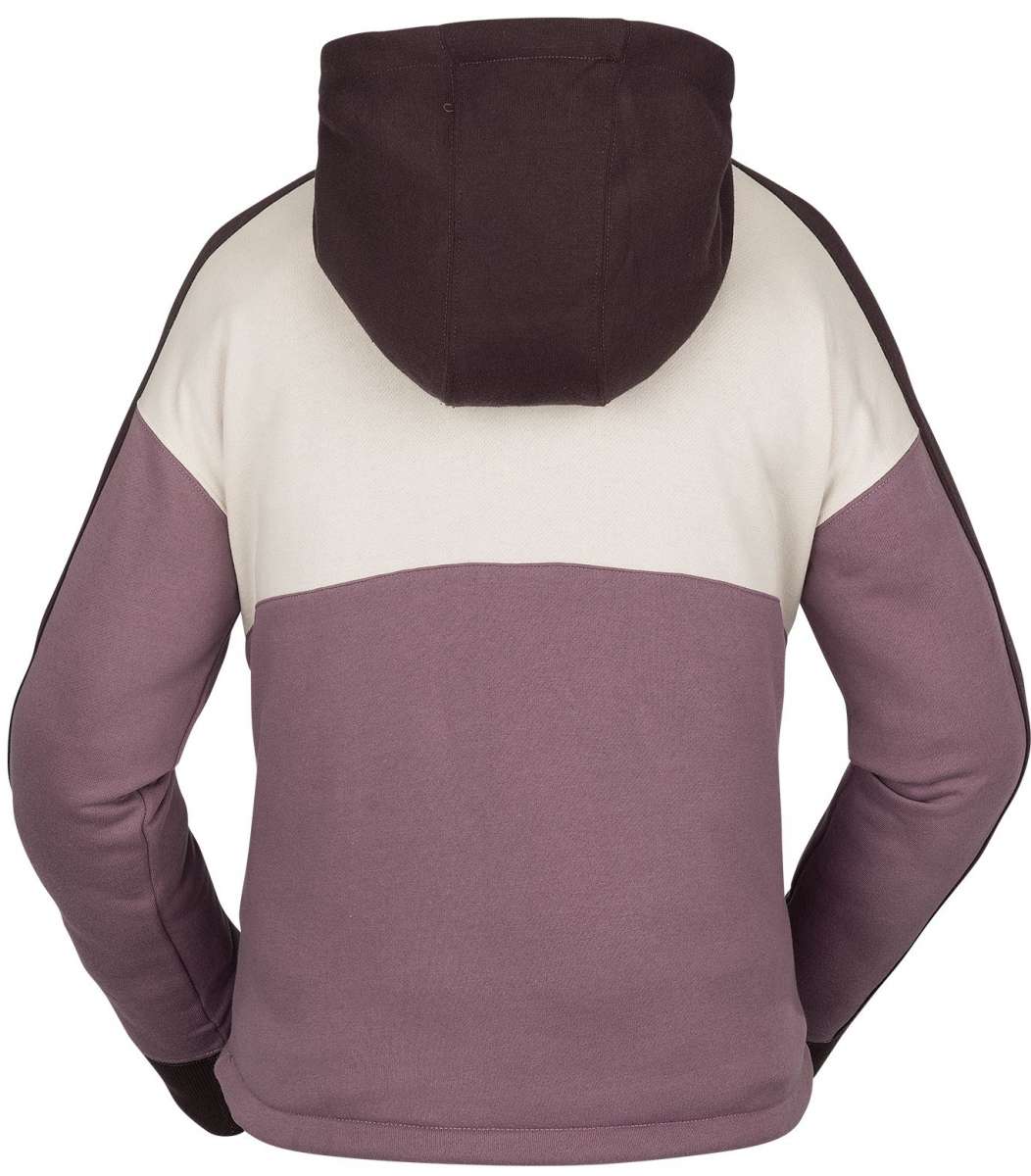 Volcom Women's Anorak Hoodie 2023 - A mauve hoodie with a white stripe across the chest and black trim on the hood, cuffs, and hem.