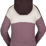 Volcom Women's Anorak Hoodie 2023 - A mauve hoodie with a white stripe across the chest and black trim on the hood, cuffs, and hem.