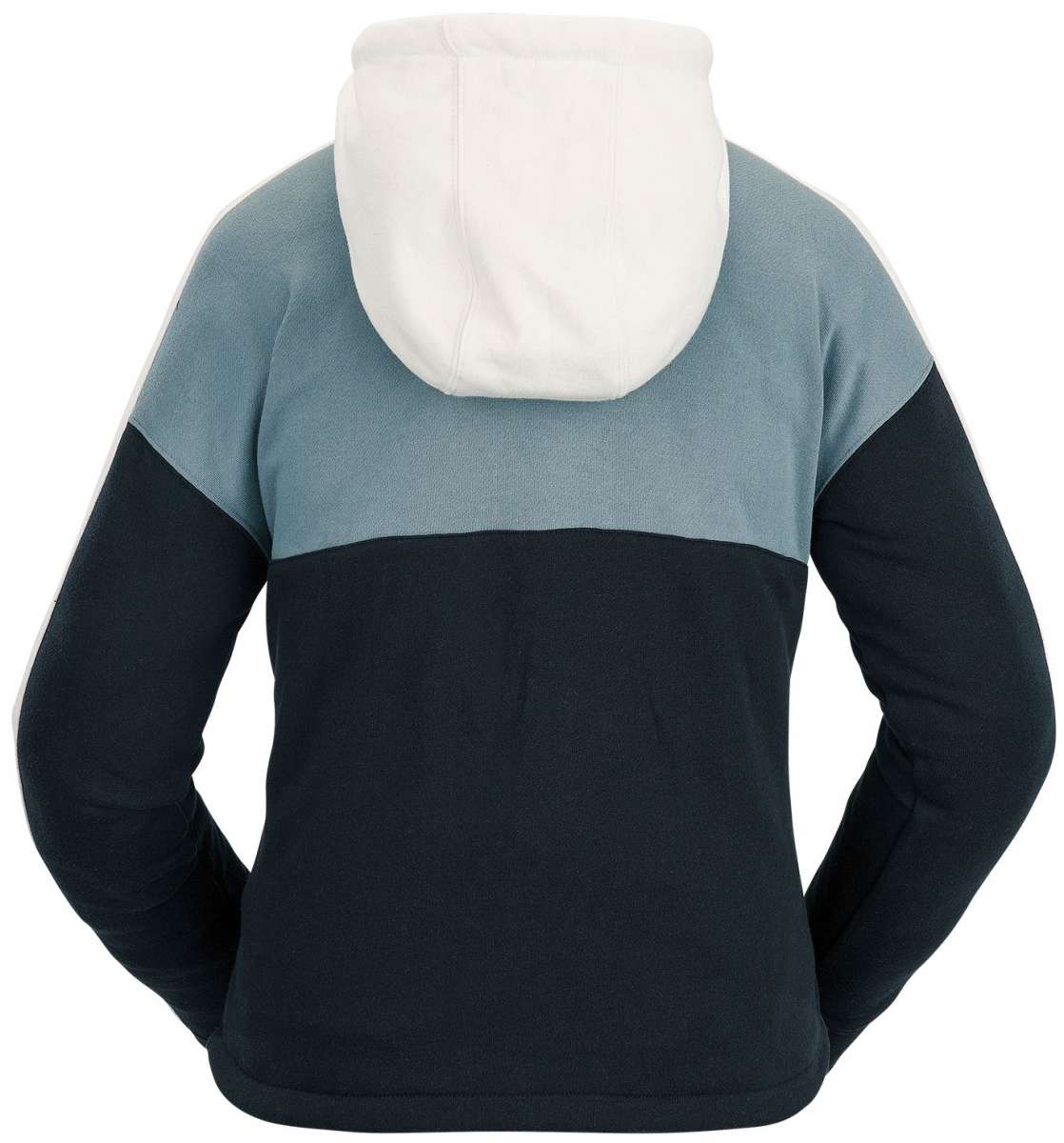 Volcom Women's Anorak Hoodie 2023 - A blue and black color-blocked hoodie with a white hood.