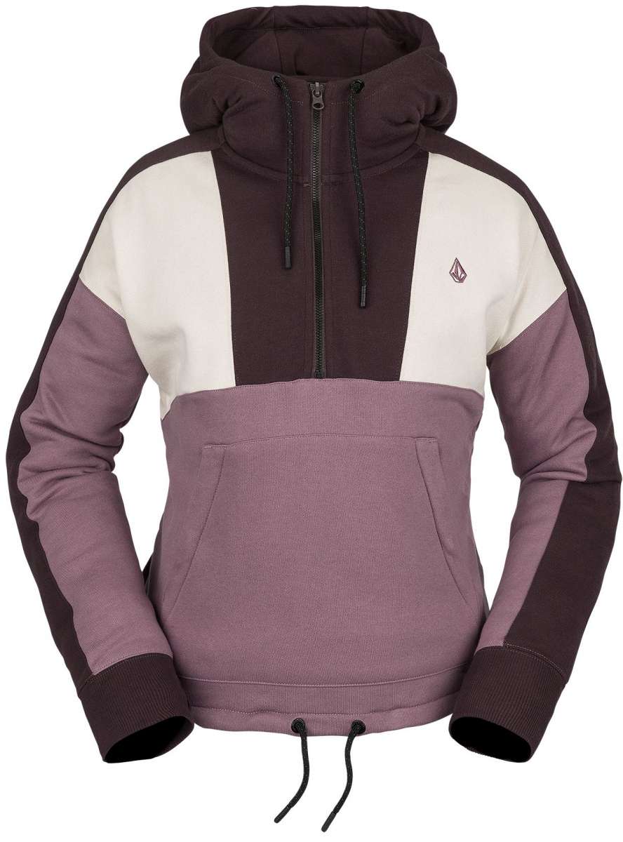 Volcom Women's Anorak Hoodie 2023 - A mauve hoodie with a zippered front and hood, featuring a small embroidered logo on the left chest.