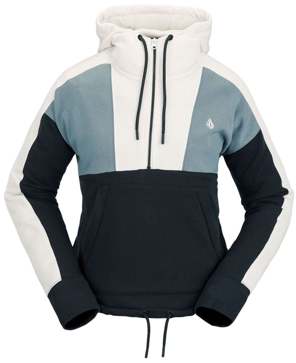 Volcom Women's Anorak Hoodie 2023 - A blue and white hooded sweatshirt with a zipper down the front, featuring a small logo on the upper right side.