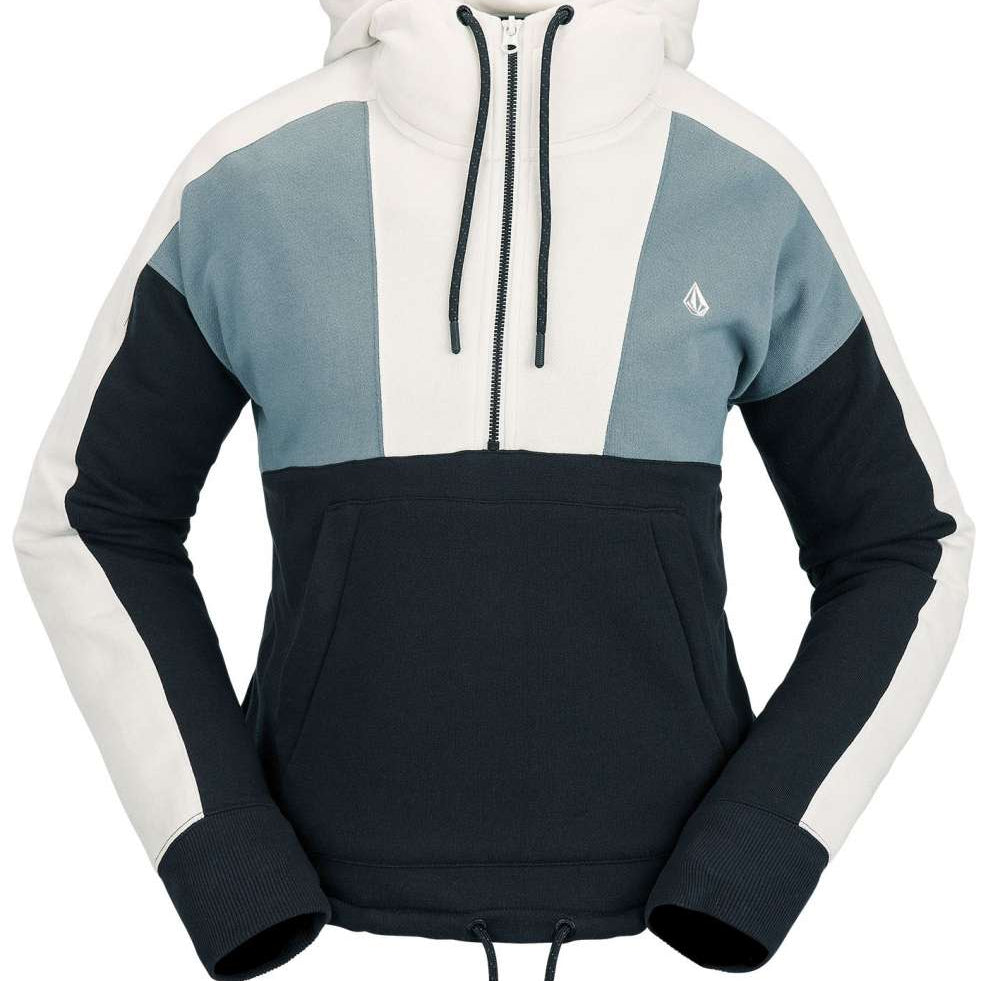 Volcom Women's Anorak Hoodie 2023 - A blue and white hooded sweatshirt with a zipper down the front, featuring a small logo on the upper right side.