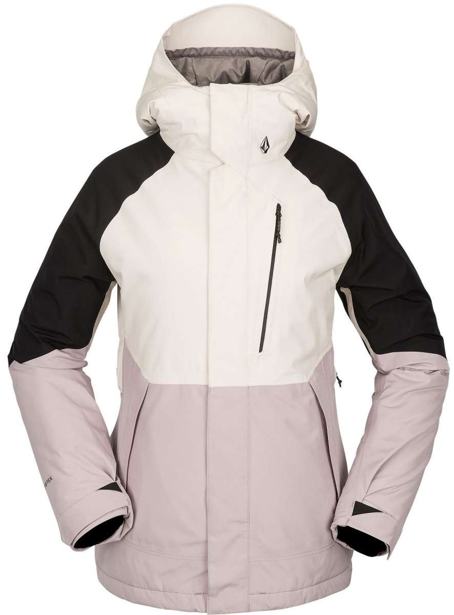Volcom Women's Aris Insulated GORE-TEX Jacket 2023 - A white and black jacket with a hood, featuring a zippered front and two side pockets.