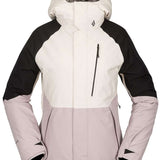 Volcom Women's Aris Insulated GORE-TEX Jacket 2023 - A white and black jacket with a hood, featuring a zippered front and two side pockets.