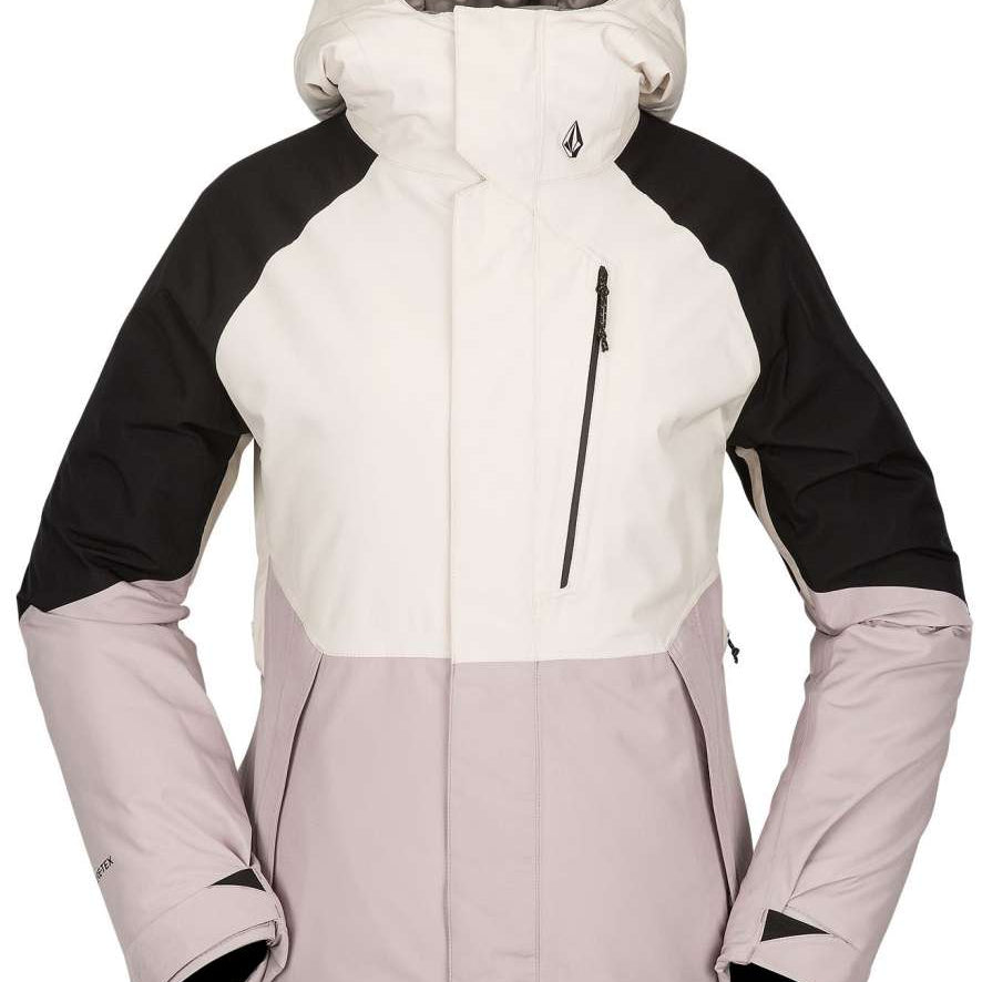 Volcom Women's Aris Insulated GORE-TEX Jacket 2023 - A white and black jacket with a hood, featuring a zippered front and two side pockets.