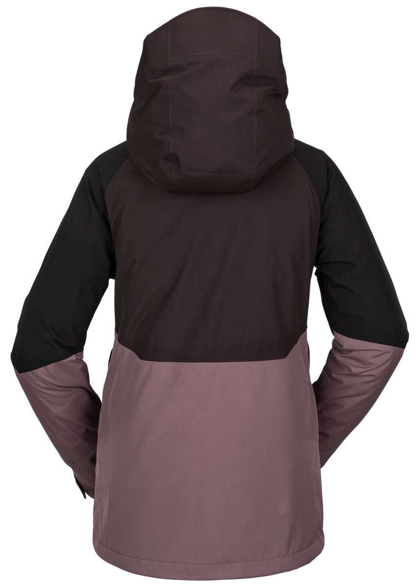 Volcom Women's Aris Insulated GORE-TEX Jacket 2023 - A black and pink jacket with a hood, featuring a zippered front and two side pockets.