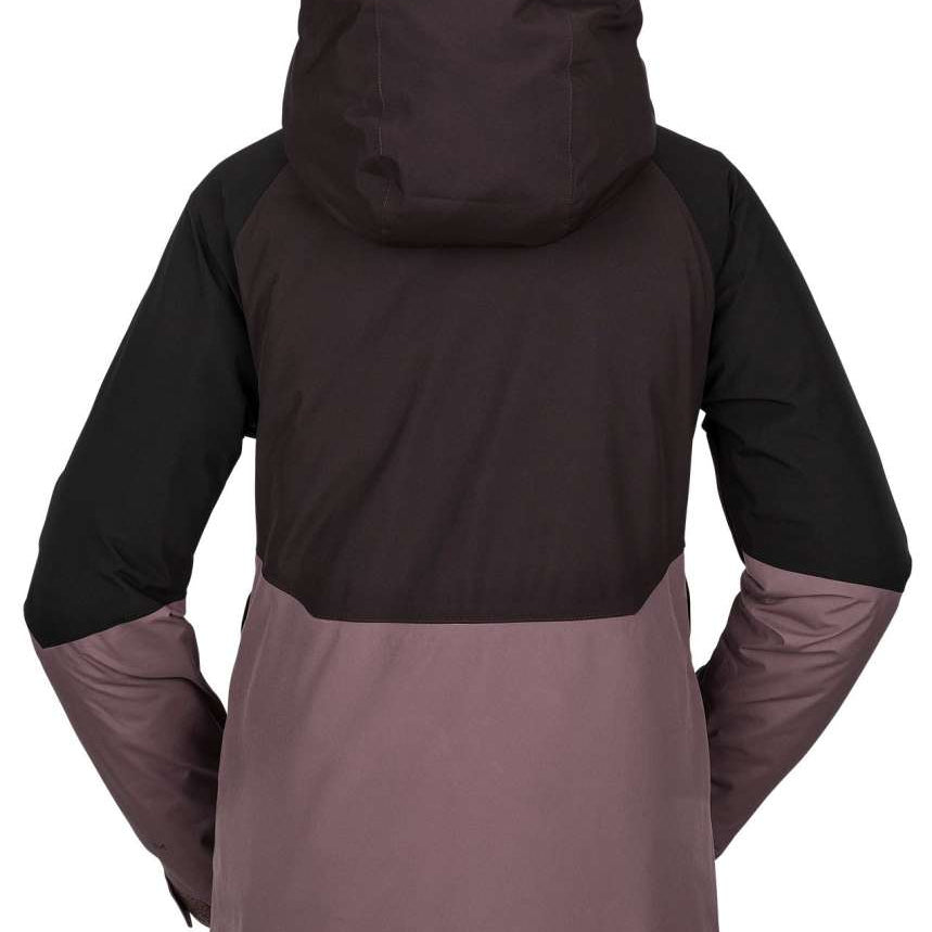 Volcom Women's Aris Insulated GORE-TEX Jacket 2023 - A black and pink jacket with a hood, featuring a zippered front and two side pockets.