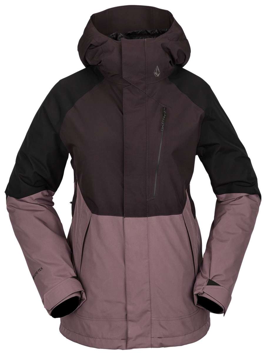 Volcom Women's Aris Insulated GORE-TEX Jacket 2023 - A black and pink ski jacket with a hood, featuring a zippered chest pocket and two side pockets.