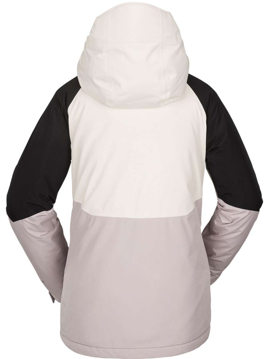 Volcom Women's Aris Insulated GORE-TEX Jacket 2023 - A white jacket with black sleeves and a hood, featuring a zippered front and two side pockets.