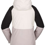 Volcom Women's Aris Insulated GORE-TEX Jacket 2023 - A white jacket with black sleeves and a hood, featuring a zippered front and two side pockets.