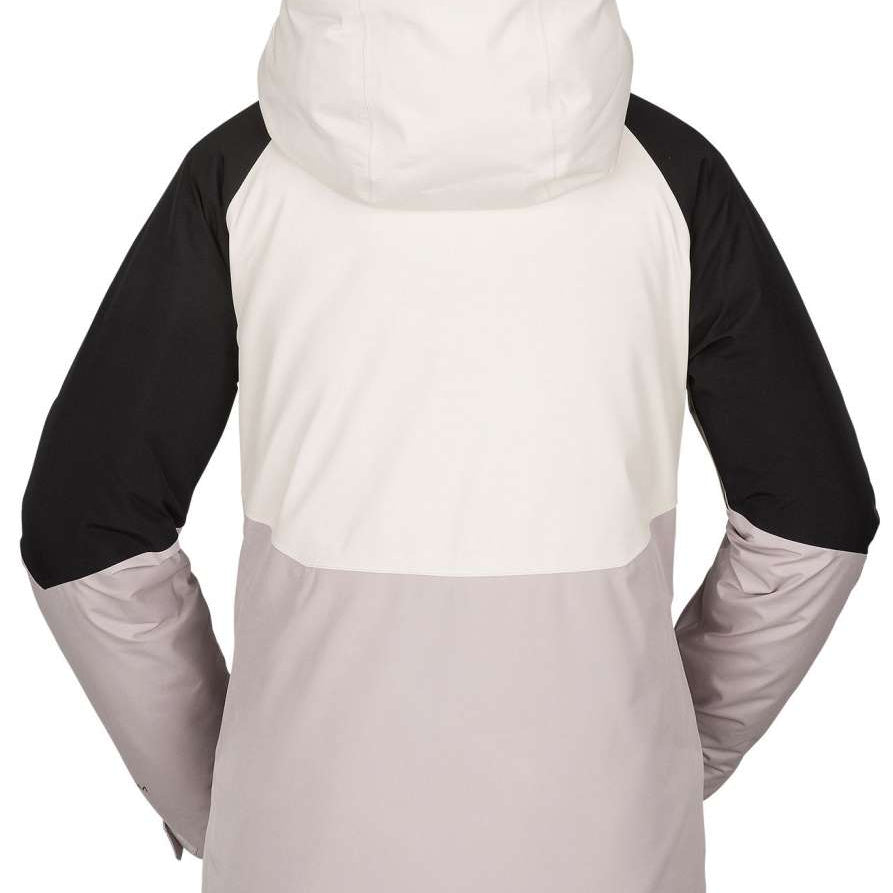 Volcom Women's Aris Insulated GORE-TEX Jacket 2023 - A white jacket with black sleeves and a hood, featuring a zippered front and two side pockets.