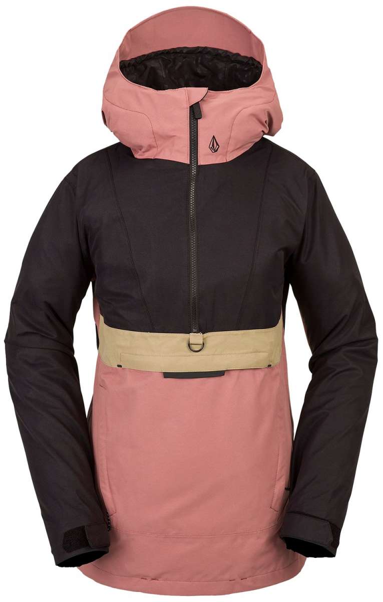 Volcom Women's Ashfield Pullover Jacket - A black jacket with a hood and zipper down the front, featuring a small logo on the upper left chest area.