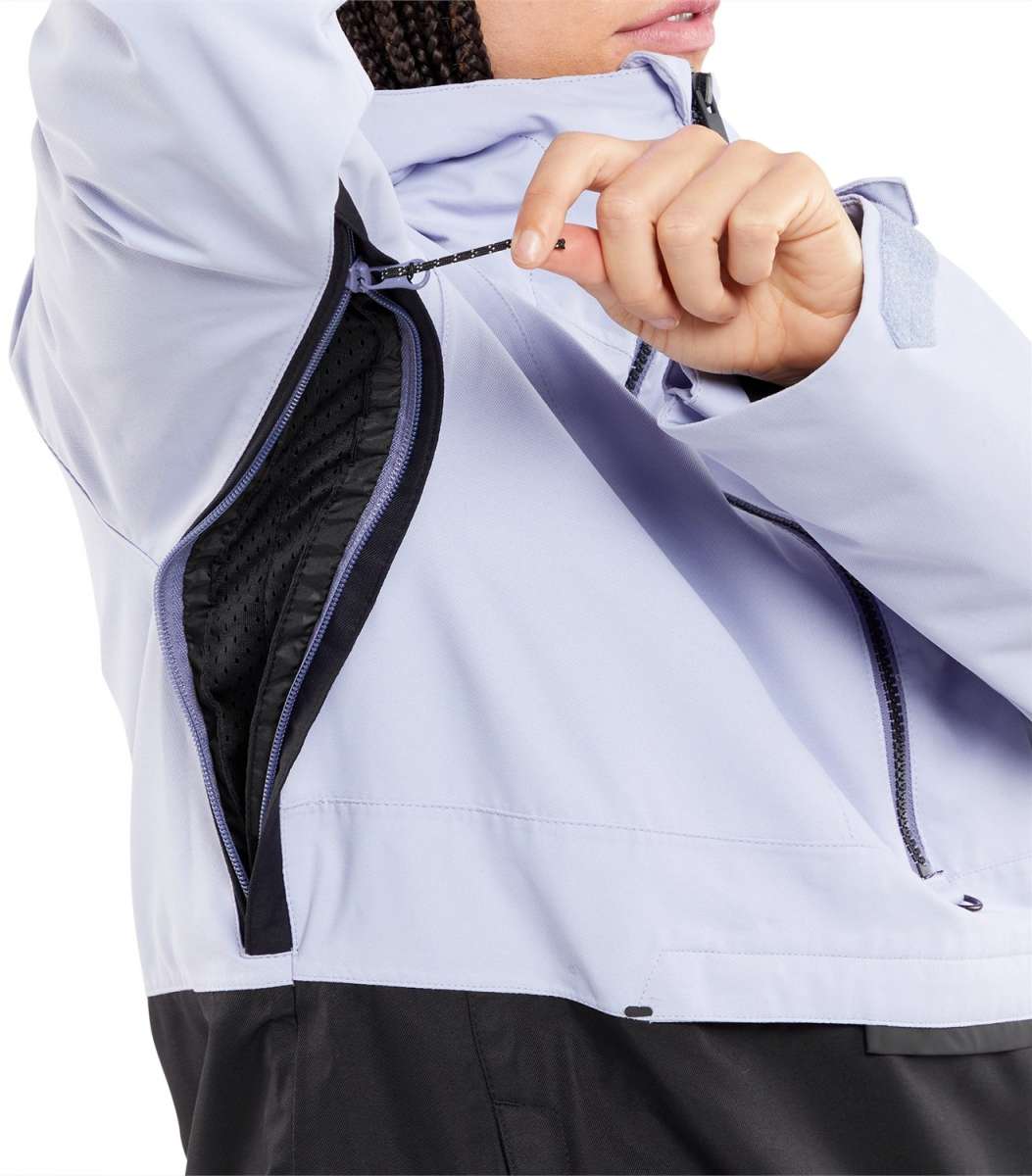 Volcom Women's Ashfield Pullover Jacket - A light purple jacket with a black zipper and two zippered pockets on either side.
