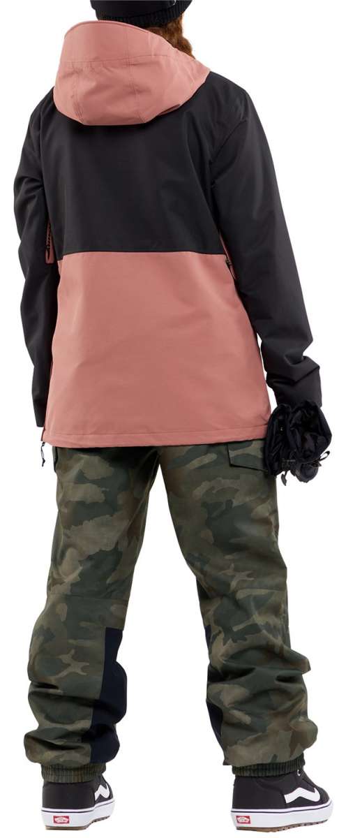Volcom Women's Ashfield Pullover Jacket - A black jacket with a salmon-colored stripe across the chest and hood.