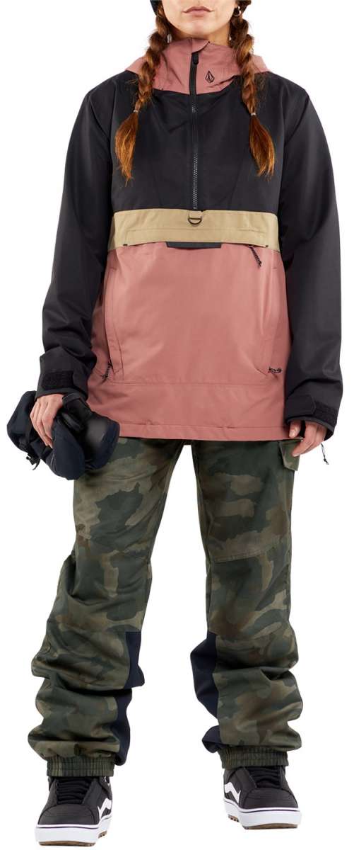 Volcom Women's Ashfield Pullover Jacket - A black, pink, and tan jacket with a hood and zipper closure.