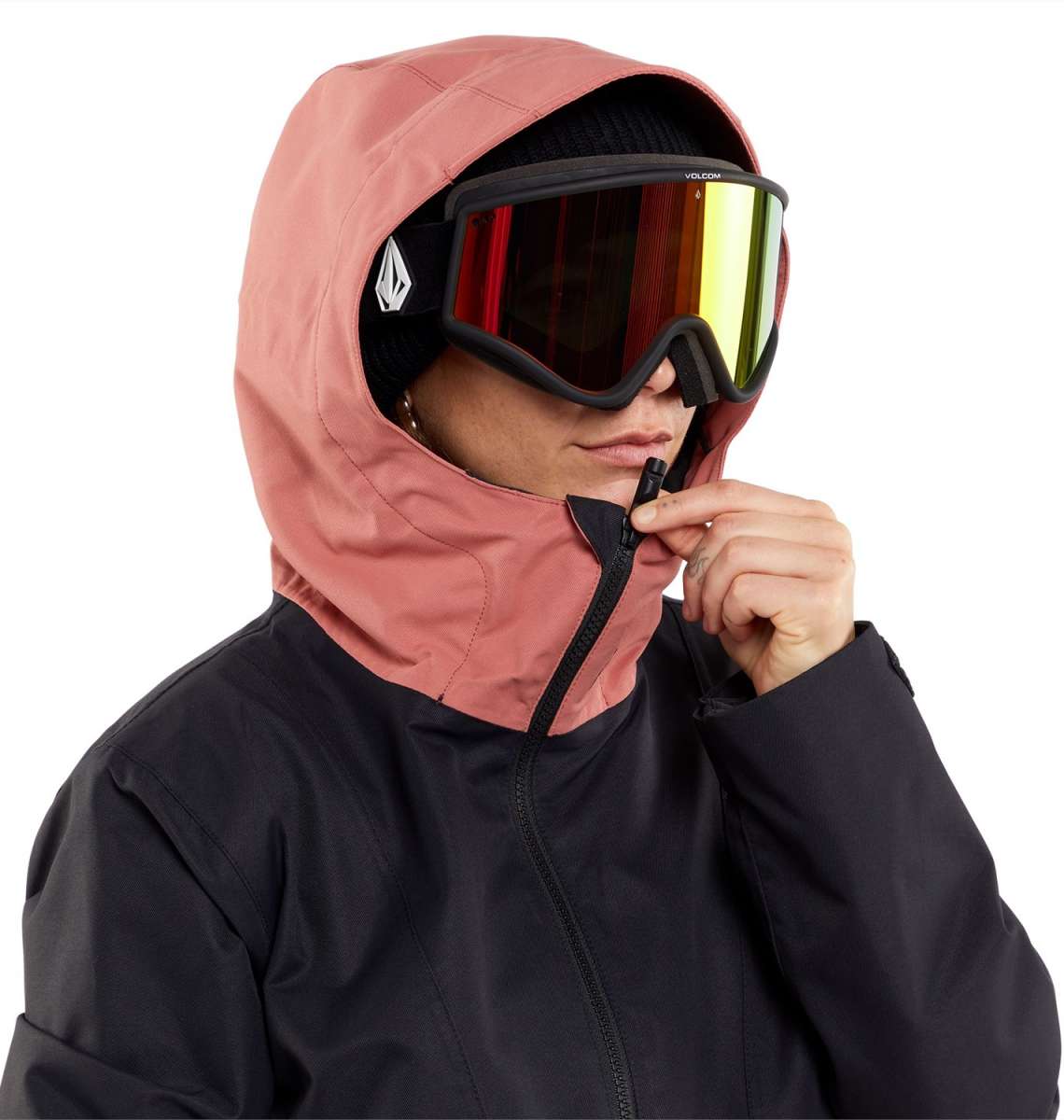 Volcom Women's Ashfield Pullover Jacket - A dusty rose-colored jacket with a hood and black zipper.
