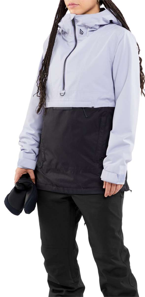 Volcom Women's Ashfield Pullover Jacket - A light blue jacket with a hood and zipper closure, worn by a model on a solid background.