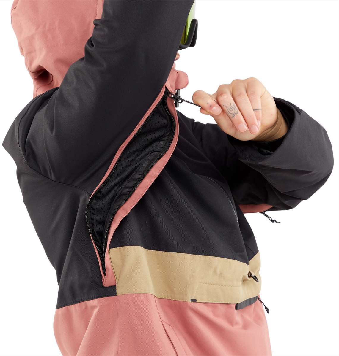 Volcom Women's Ashfield Pullover Jacket - A black jacket with a pink zipper and trim, featuring a hood.