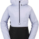 Volcom Women's Ashfield Pullover Jacket - A light gray jacket with a black zipper and logo on the chest, featuring a hood and long sleeves.