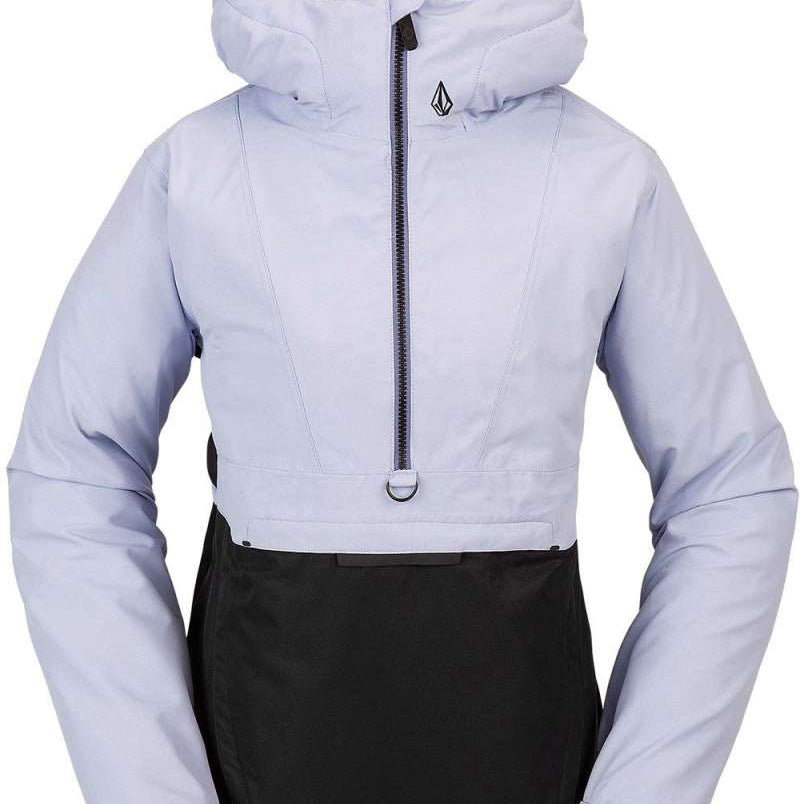 Volcom Women's Ashfield Pullover Jacket - A light gray jacket with a black zipper and logo on the chest, featuring a hood and long sleeves.