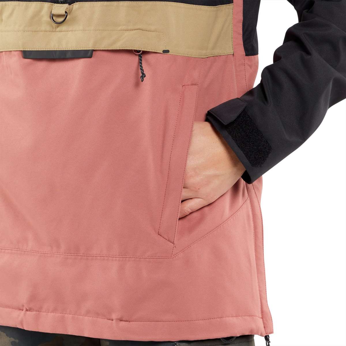 Volcom Women's Ashfield Pullover Jacket - A dusty rose-colored jacket with a tan stripe across the chest and black sleeves.