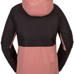 Volcom Women's Ashfield Pullover Jacket - A black jacket with a pink hood and accents on the front, featuring a zippered pocket on the left side.