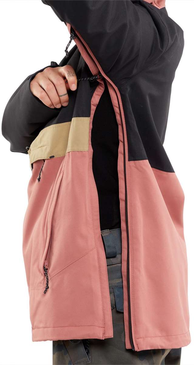 Volcom Women's Ashfield Pullover Jacket - A black jacket with a tan stripe across the chest and a zipper down the front.