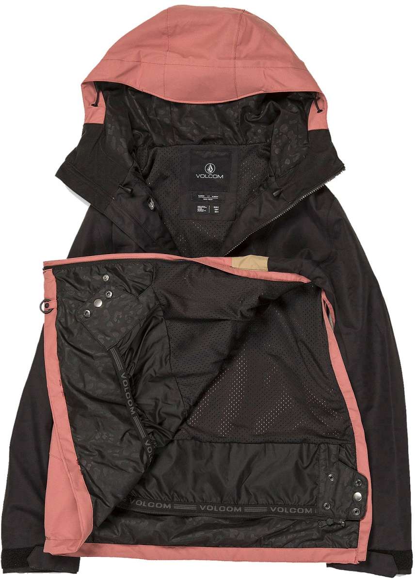 Volcom Women's Ashfield Pullover Jacket - A black jacket with a pink hood and trim, featuring a zippered front and two pockets on either side.