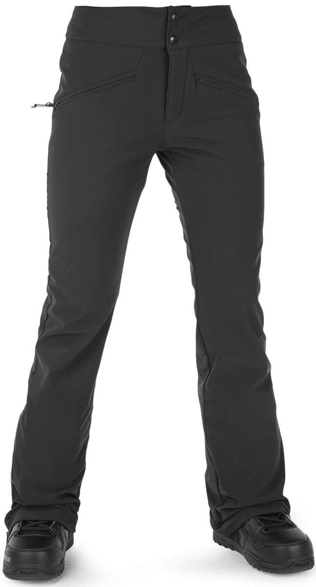 Volcom Women's Battle Stretch High Rise Pants 2023 - Black pants with zippered pockets and a high-rise waistband.