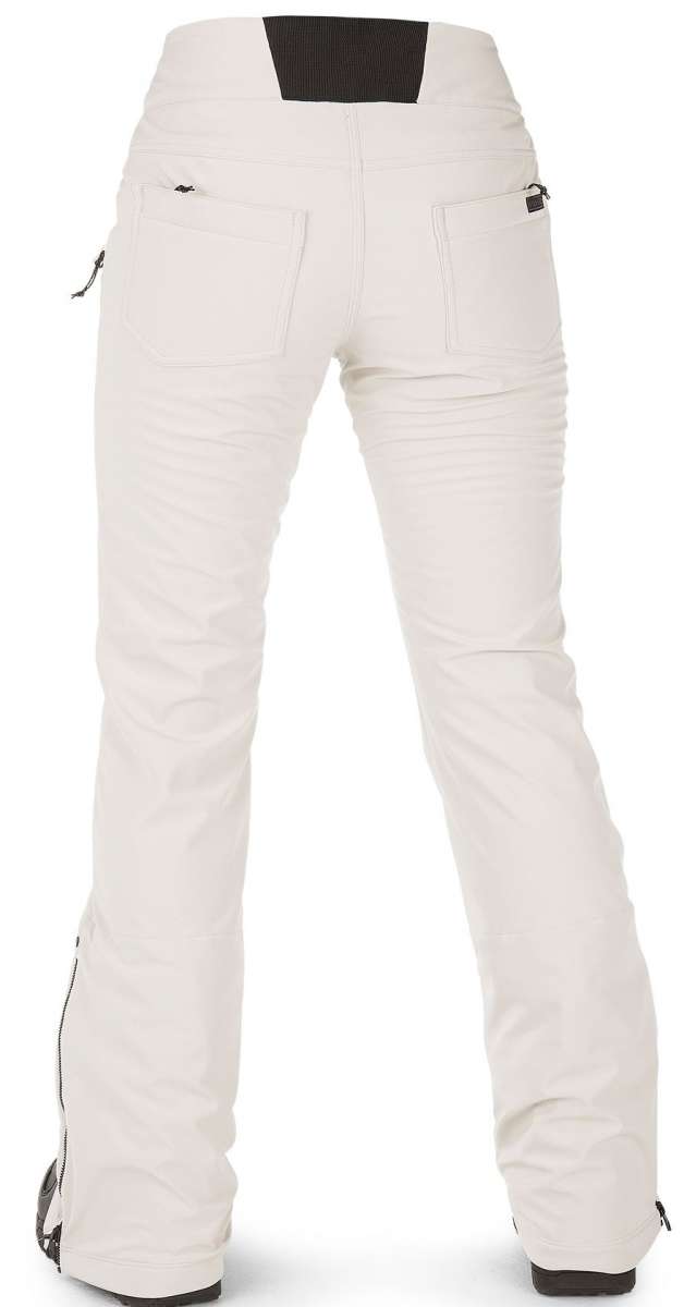 Volcom Women's Battle Stretch High Rise Pants 2023 - White snow pants with zippered pockets and a black stripe on the side.