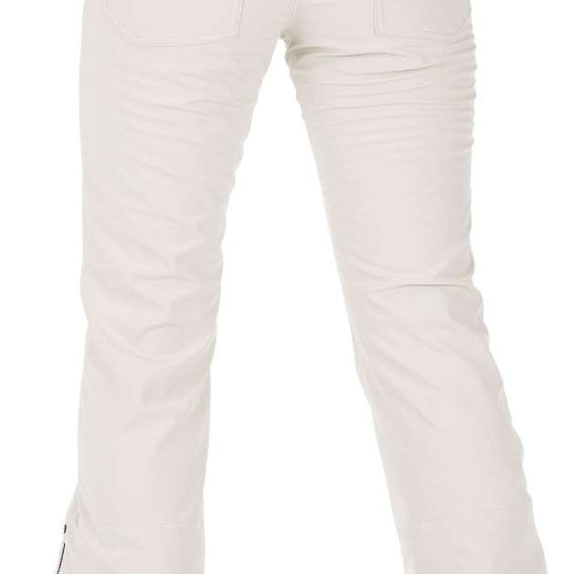 Volcom Women's Battle Stretch High Rise Pants 2023 - White snow pants with zippered pockets and a black stripe on the side.
