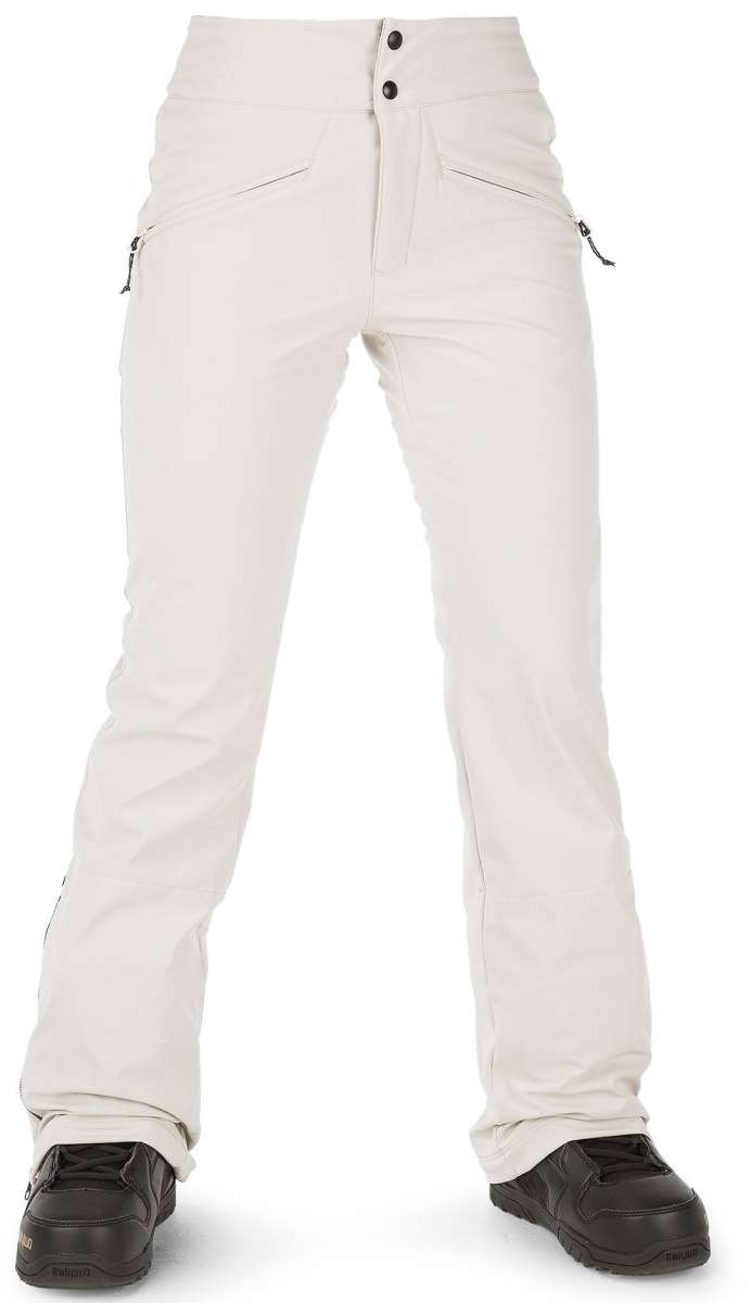 Volcom Women's Battle Stretch High Rise Pants 2023 - A pair of white snow pants with zippered pockets and a high-rise waistband.