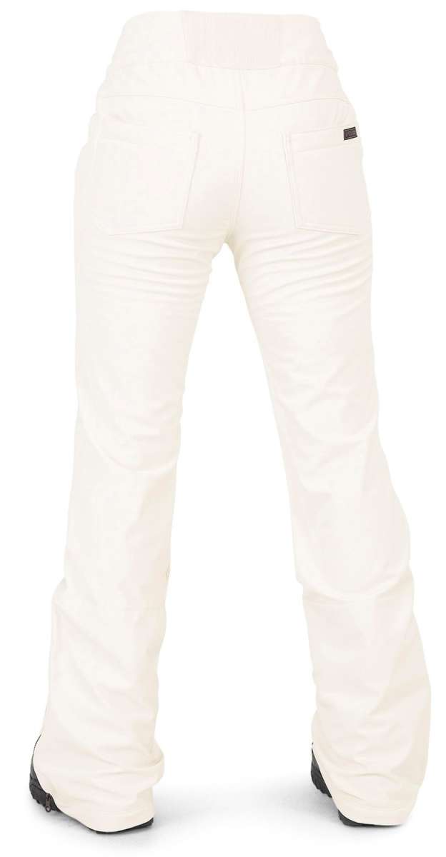 Volcom Women's Battle Stretch High Rise Pants 2024 - A pair of white snow pants with a high rise and stretch material, featuring two back pockets on the right side.