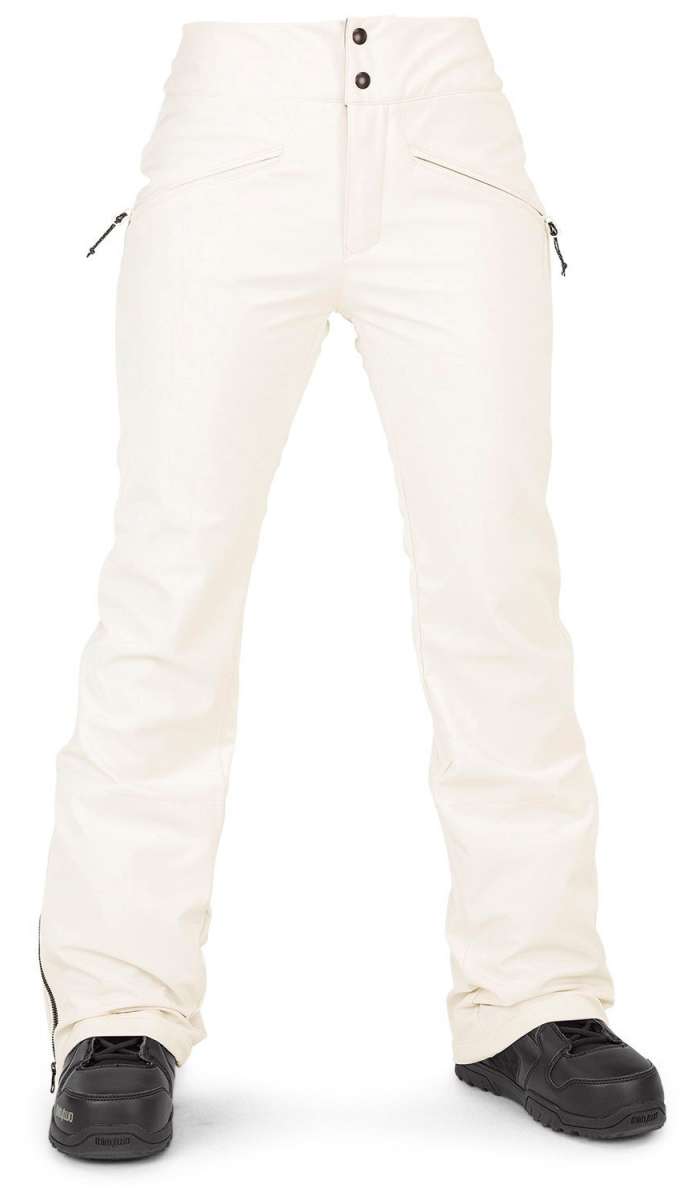 Volcom Women's Battle Stretch High Rise Pants 2024 - A pair of white snow pants with a high rise and zippered pockets.