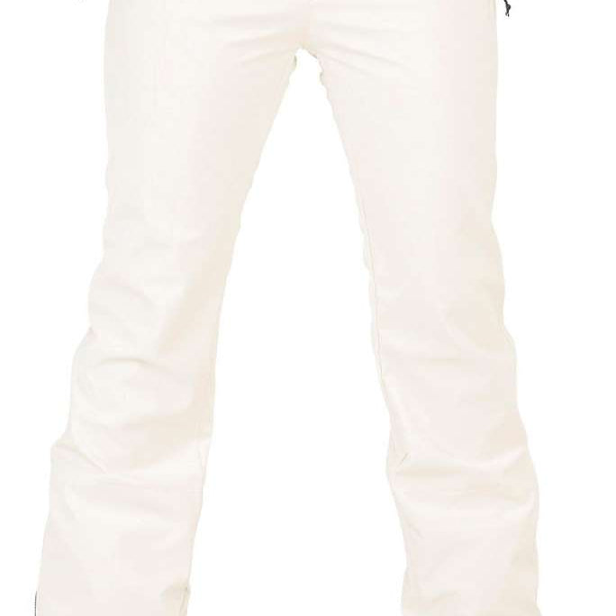Volcom Women's Battle Stretch High Rise Pants 2024 - A pair of white snow pants with a high rise and zippered pockets.