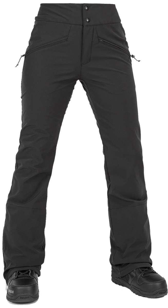 Volcom Women's Battle Stretch High Rise Pants 2024 - Black pants with zippered pockets and a high-rise waistband.