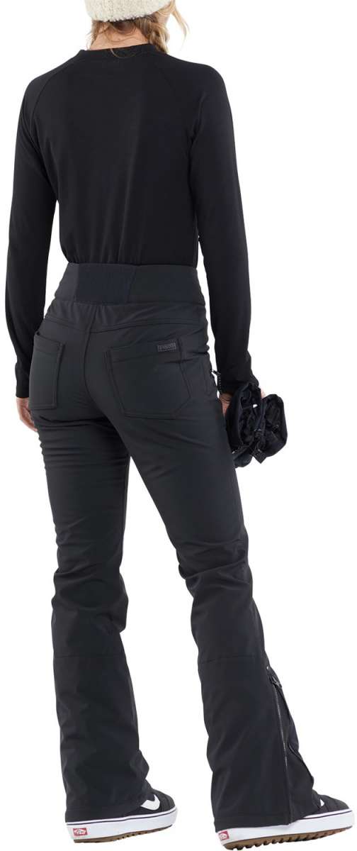 Volcom Women's Battle Stretch High Rise Pants 2024 - Black snow pants with a high rise waist and zippered pockets on the side.