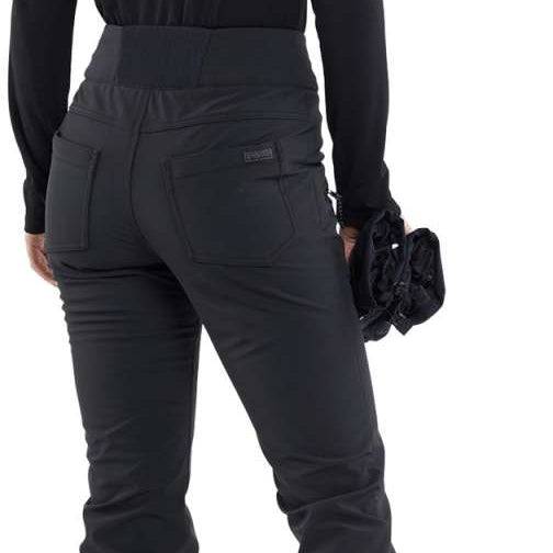 Volcom Women's Battle Stretch High Rise Pants 2024 - Black snow pants with a high rise waist and zippered pockets on the side.