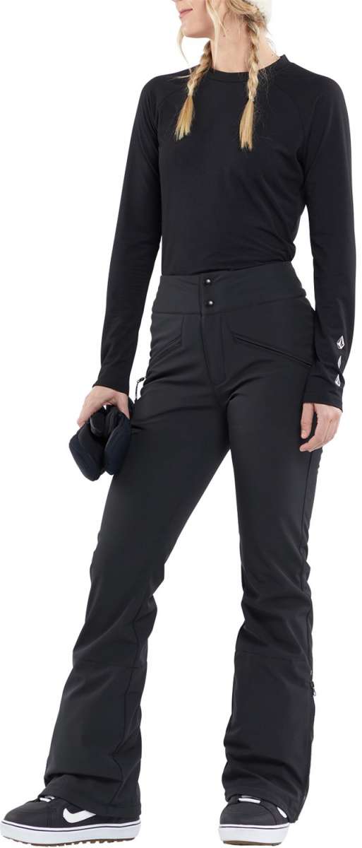 Volcom Women's Battle Stretch High Rise Pants 2024 - Black snow pants with white logo on left leg.