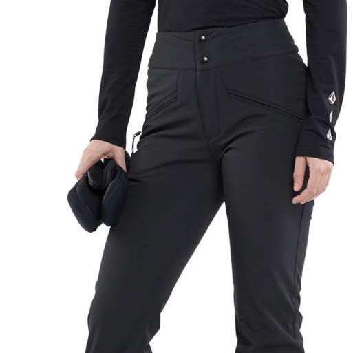 Volcom Women's Battle Stretch High Rise Pants 2024 - Black snow pants with white logo on left leg.